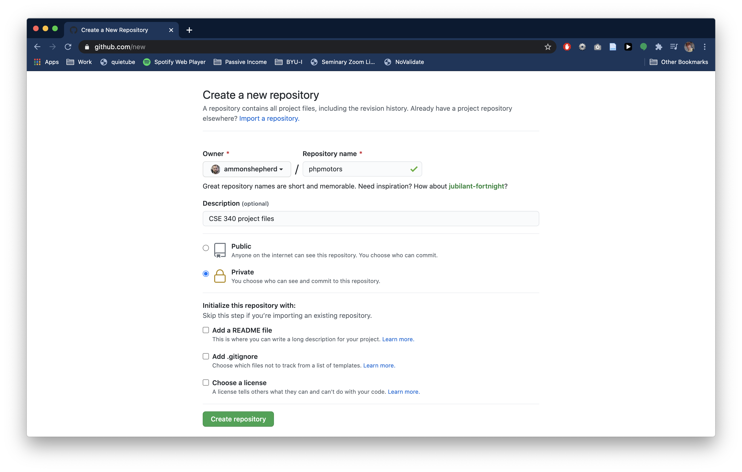 Create new repo page