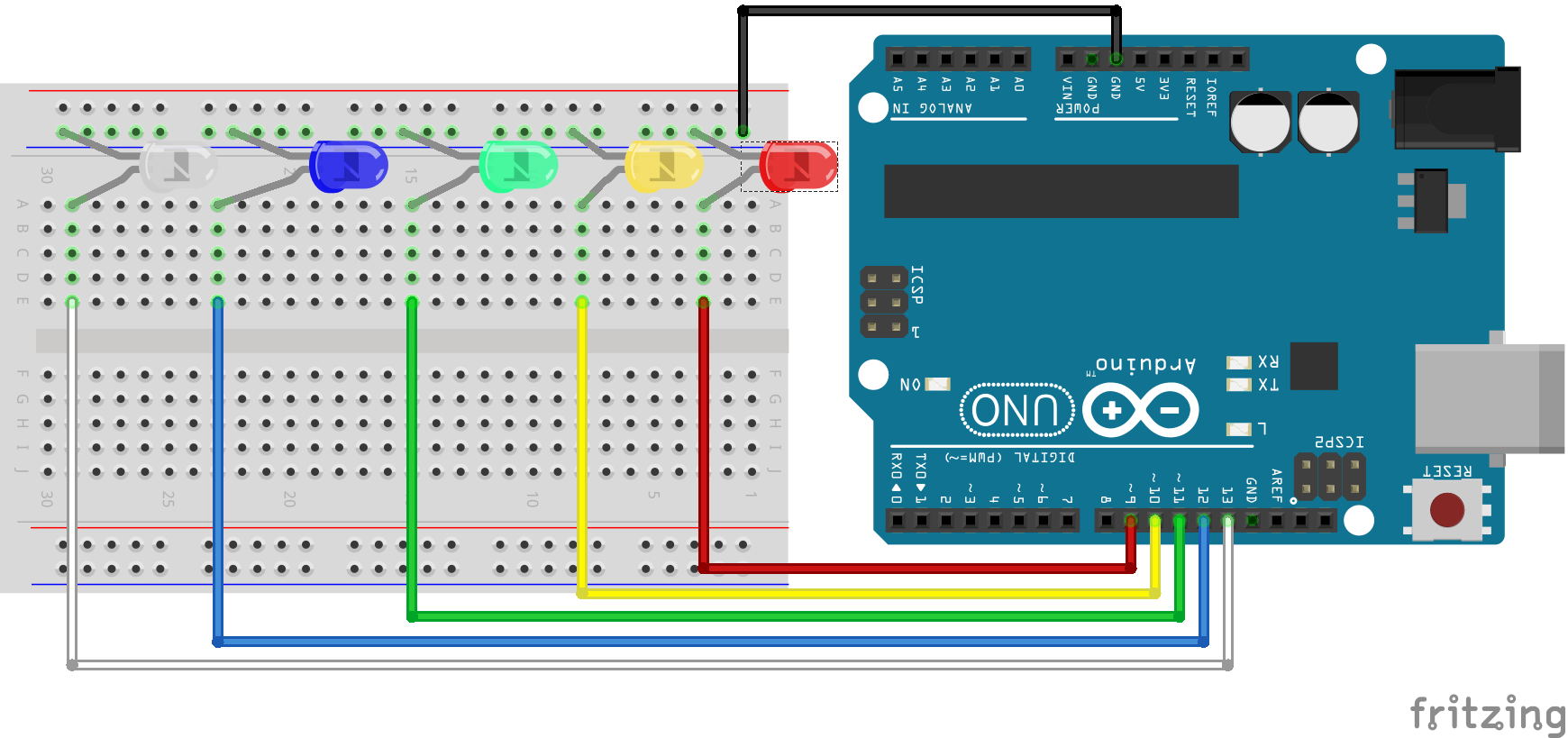 Processing to Arduino with 5 LEDs Circuit Diagram