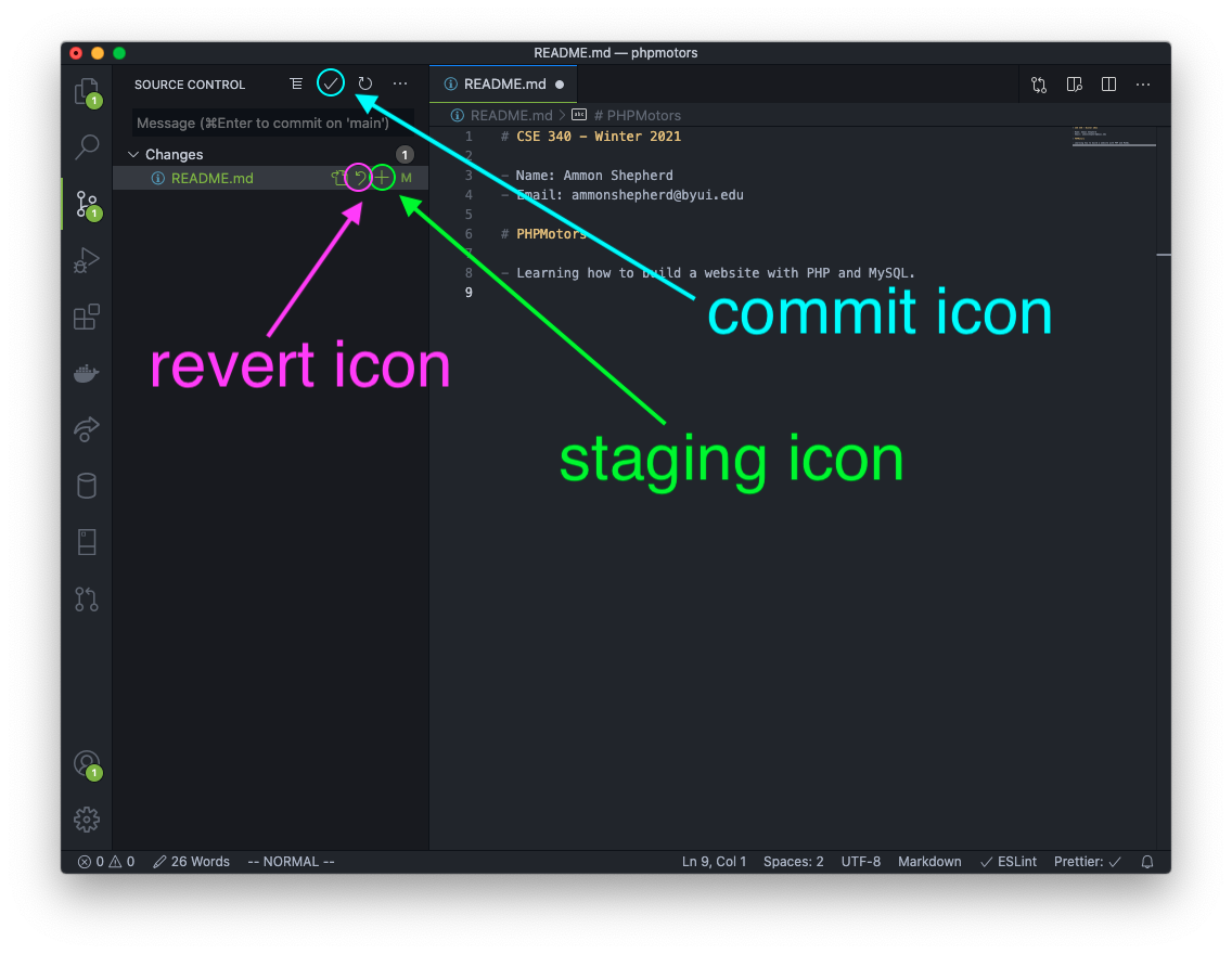 Icons for revert, stage and commit