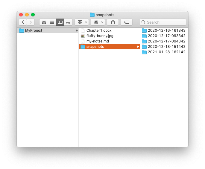 Screenshot of the Finder app showing the dated sub-folders in the snapshot folder