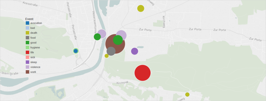 Size of circle shows number of events.