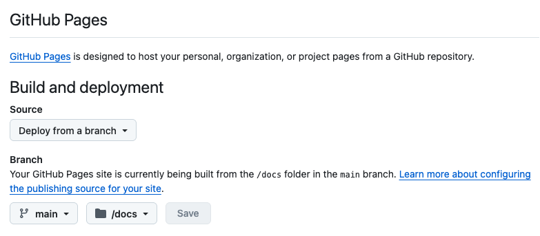 GitHub Pages built from docs folder in the main branch